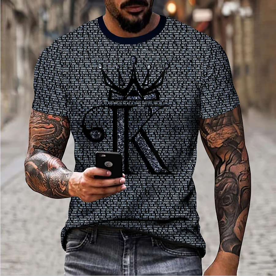 Camiseta casual de manga curta masculina, gola redonda, estampada padrão King, Street Wear