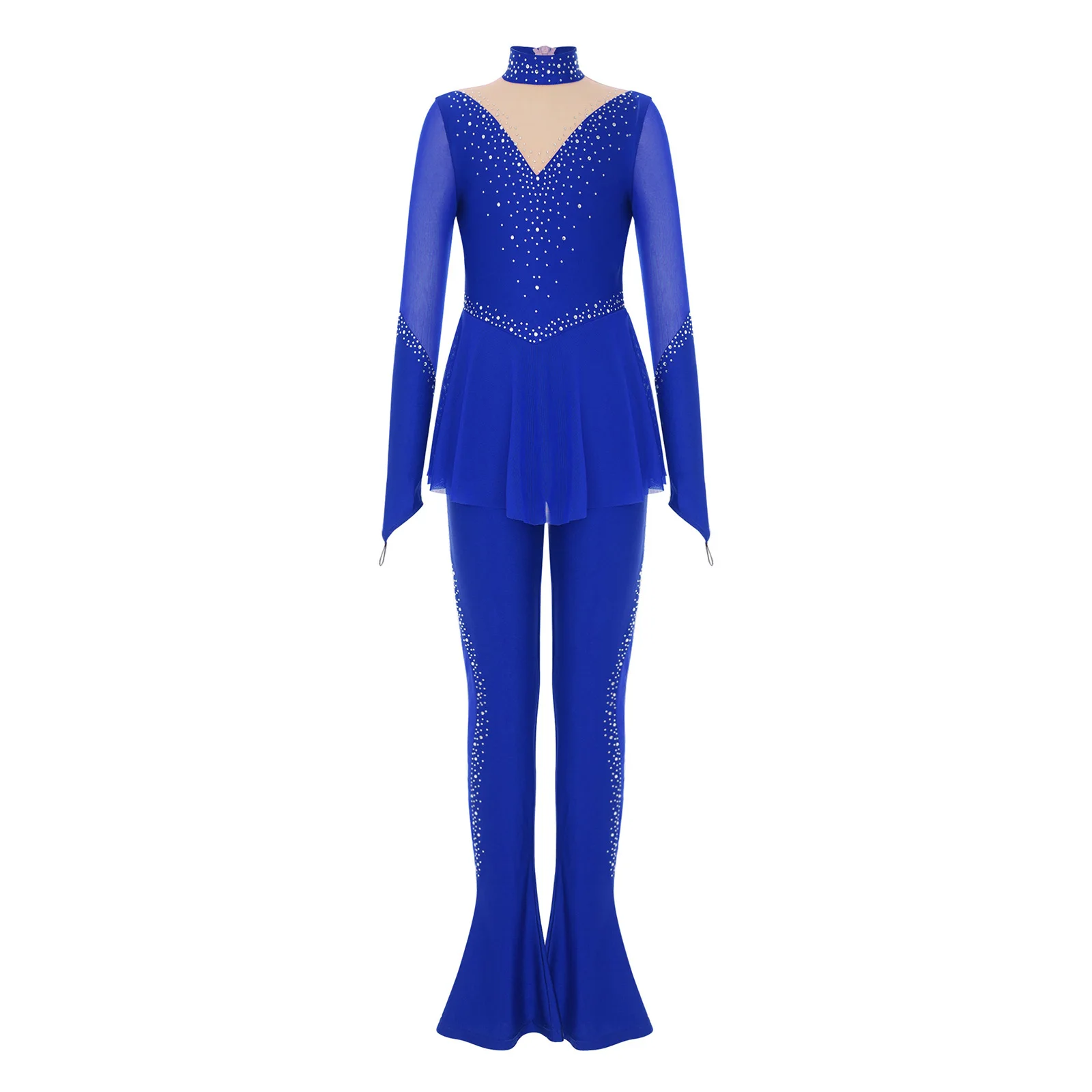 ชุดแสดงฟิกเกอร์สเก็ตสำหรับเด็กผู้หญิง ผ้าตาข่ายโปร่งประดับคริสตัล จั๊มสูทแขนยาว ทรงขาบาน ชุดรอมเปอร์สำหรับบัลเลต์และยิมนาสติก