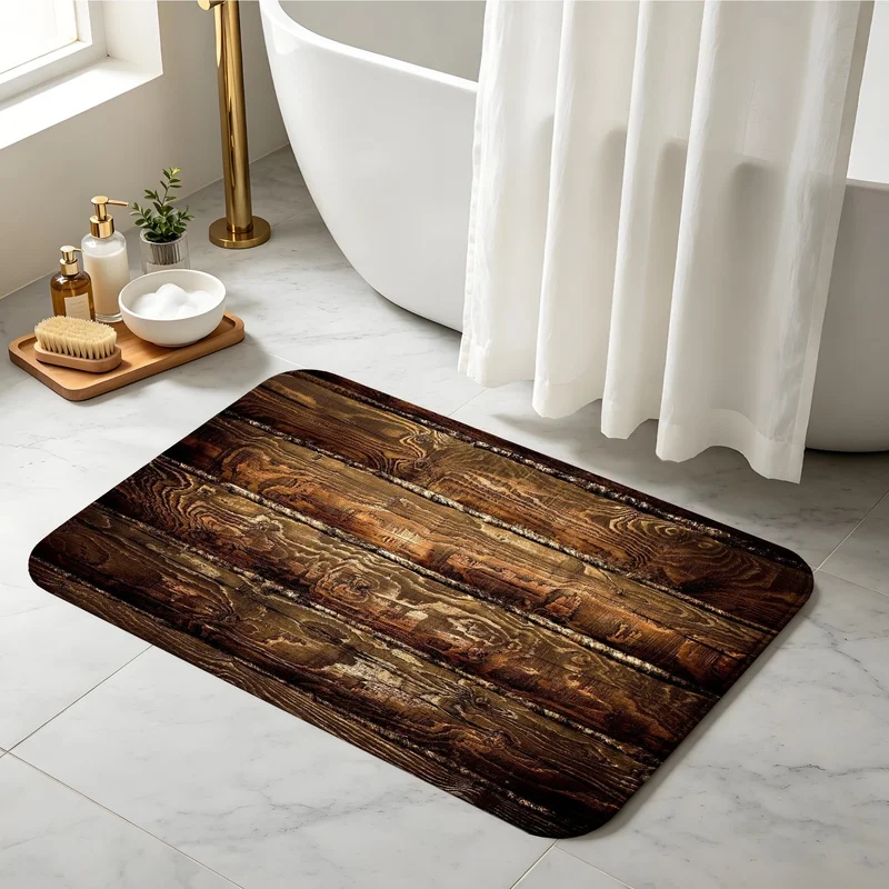 Bath Mat Flannel Sponge Dark Wood Grain for Bathroom Entryway Kitchen Bedroom Home Floor Decor