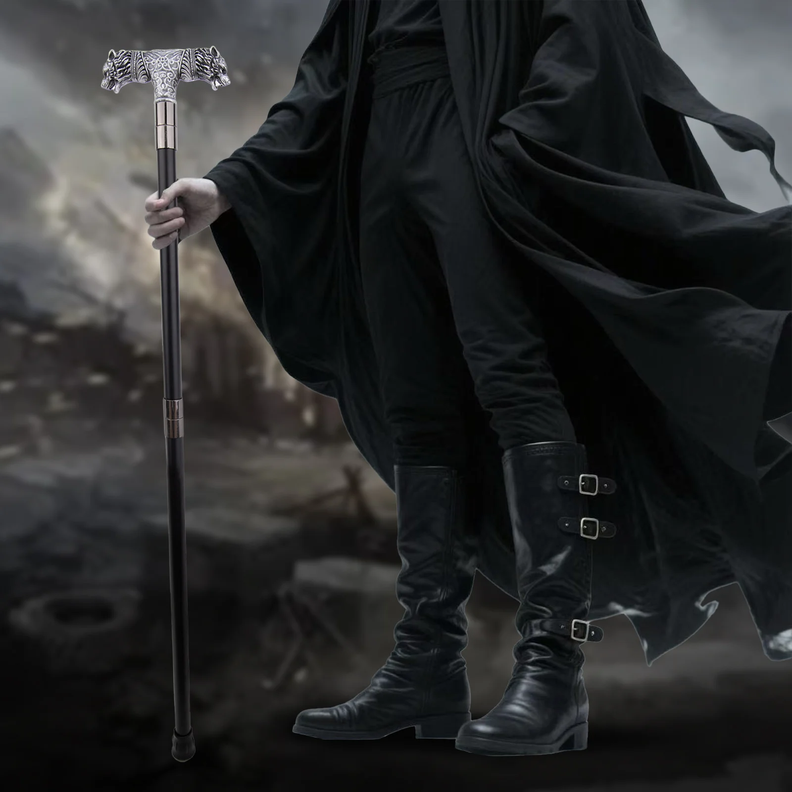 Silver Resin Wolf Double Head Walking Cane Fashion Steel Stick Elegant Cosplay Cane Knob Crosier Performance Stage Cane 92cm