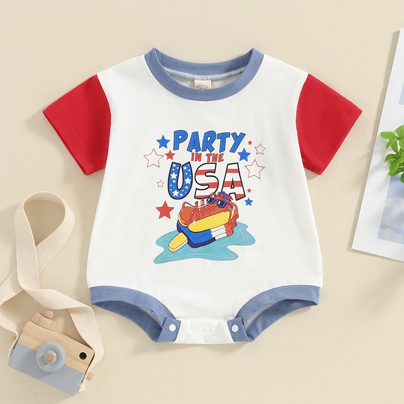 Independence Day Outfits Infant Baby Boys Girls Rompers Short Sleeve Crewneck Letter Print Contrast Color Jumpsuit For Newborn