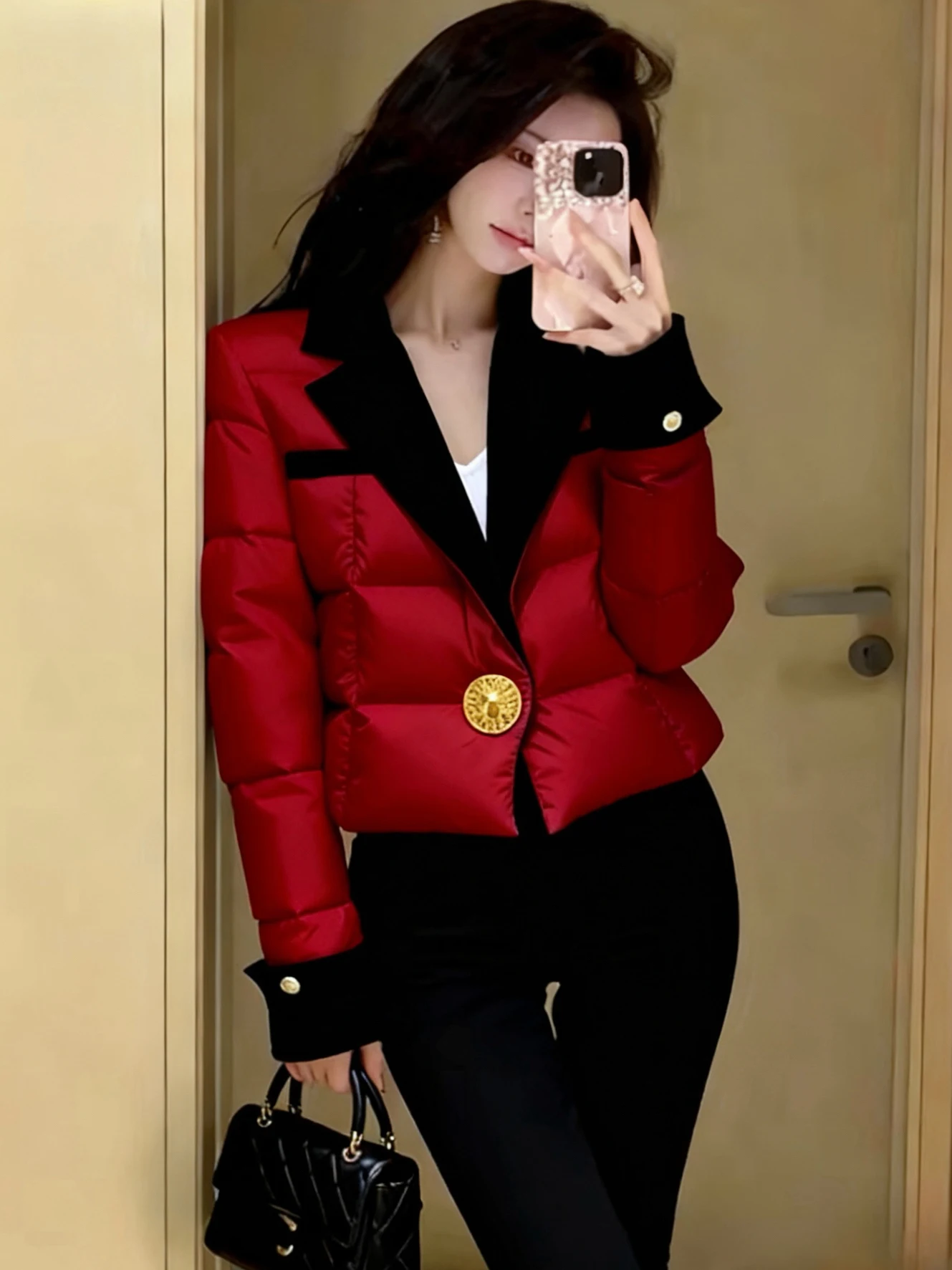 

Красное хлопковое джето, женское зимнее модное уникальное маленькое хлопковое пальто, теплая верхняя одежда, пальто Ele Looking