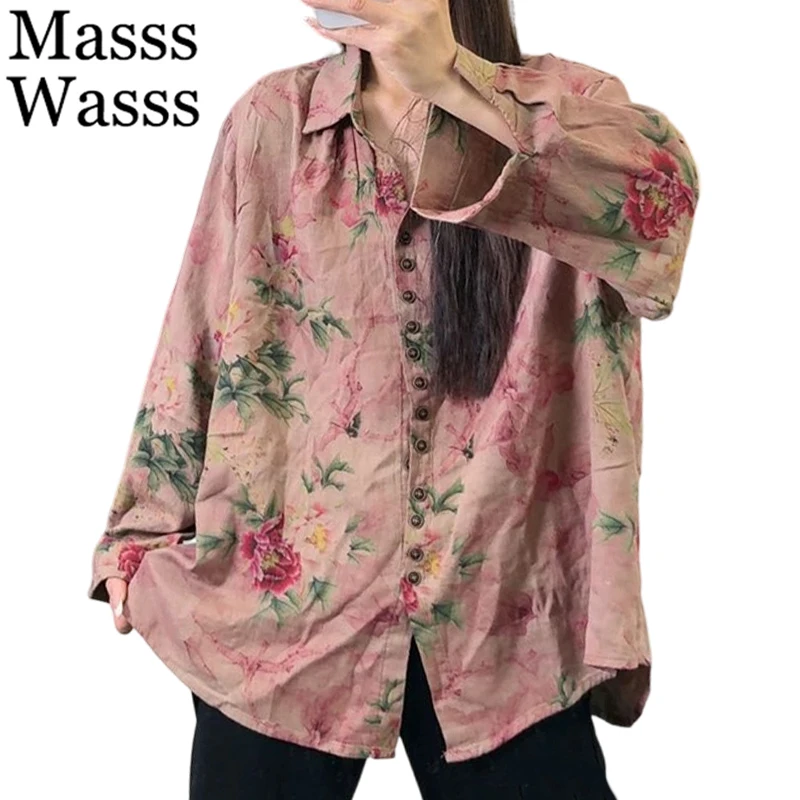 

Mass Wasss 2026, весенние женские модные рубашки с принтом, винтажные хлопковые льняные топы, женские свободные повседневные классические роскошные блузки с цветочным принтом