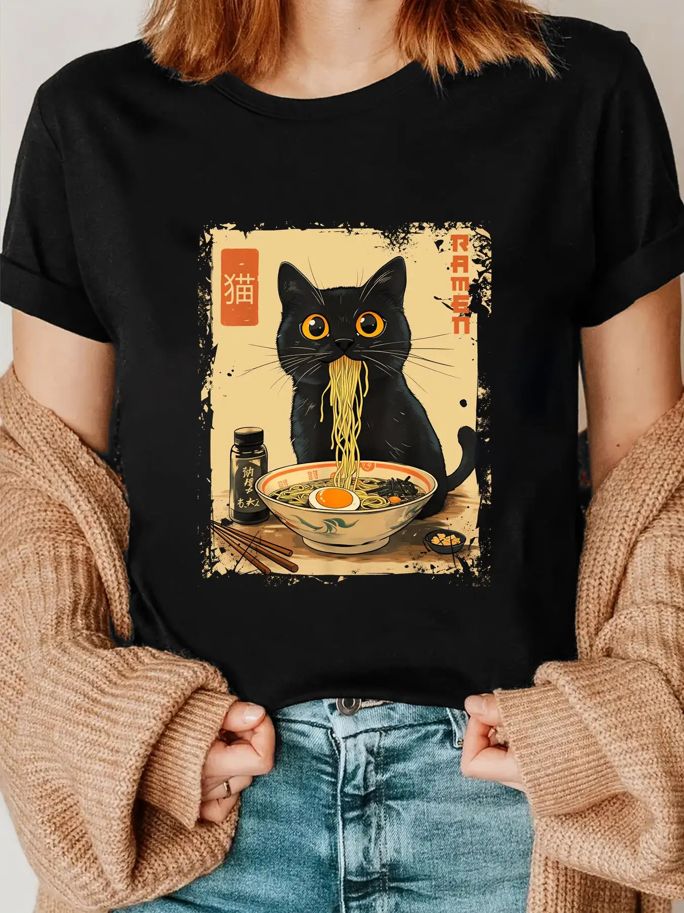 Cat Ramen Anime Kawaii Cat Eating Ramen Noodles T-Shirt