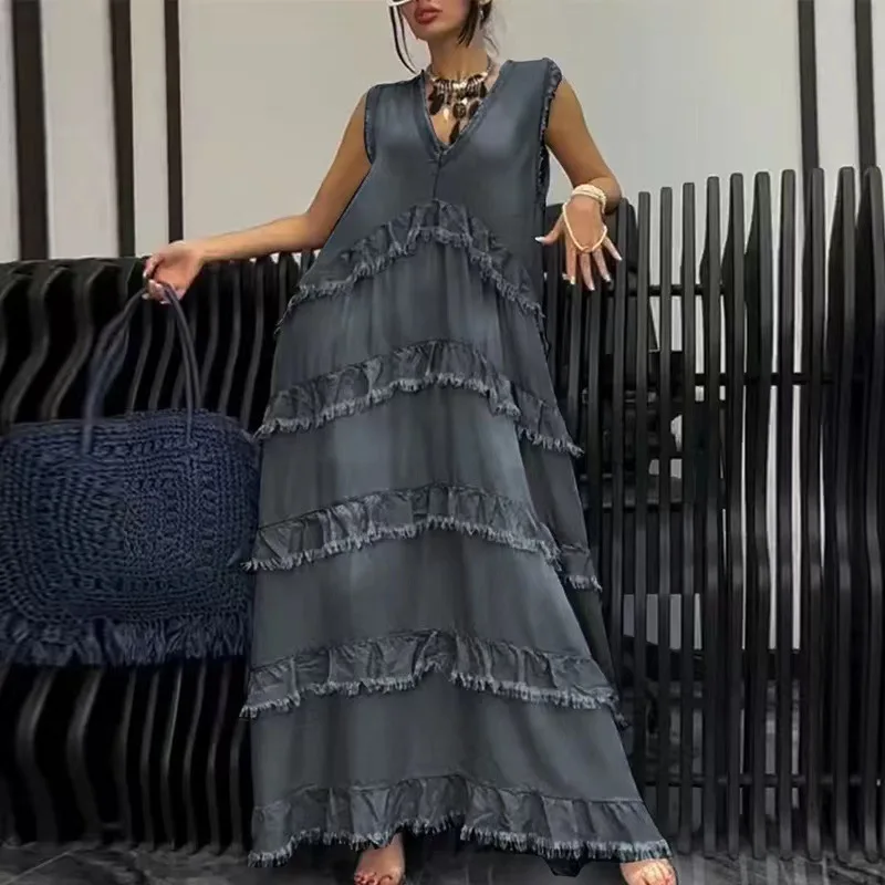 

Women Elegant Milled Edge Patchwork Party Dress Sexy Sleeveless V-neck Loose Denim Dress Fashion Pleat Solid Cowboy Long Dresses