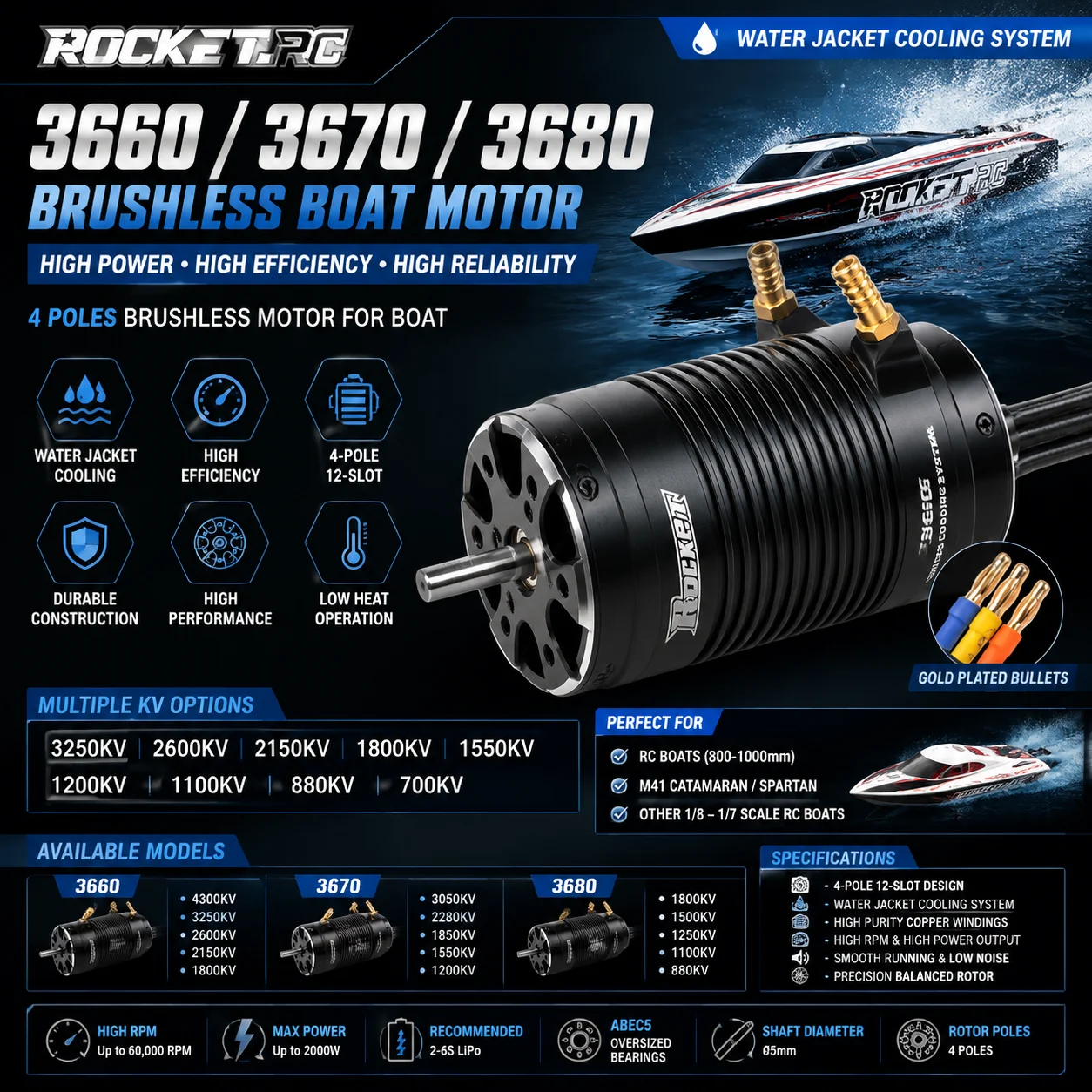 ROCKET RC 3660 3670 3680 RC Boat Brushless Motor 3250/2600/880/1100/4300KV for M41 Catamaran Spartan 800mm-1000mm RC Boat Model