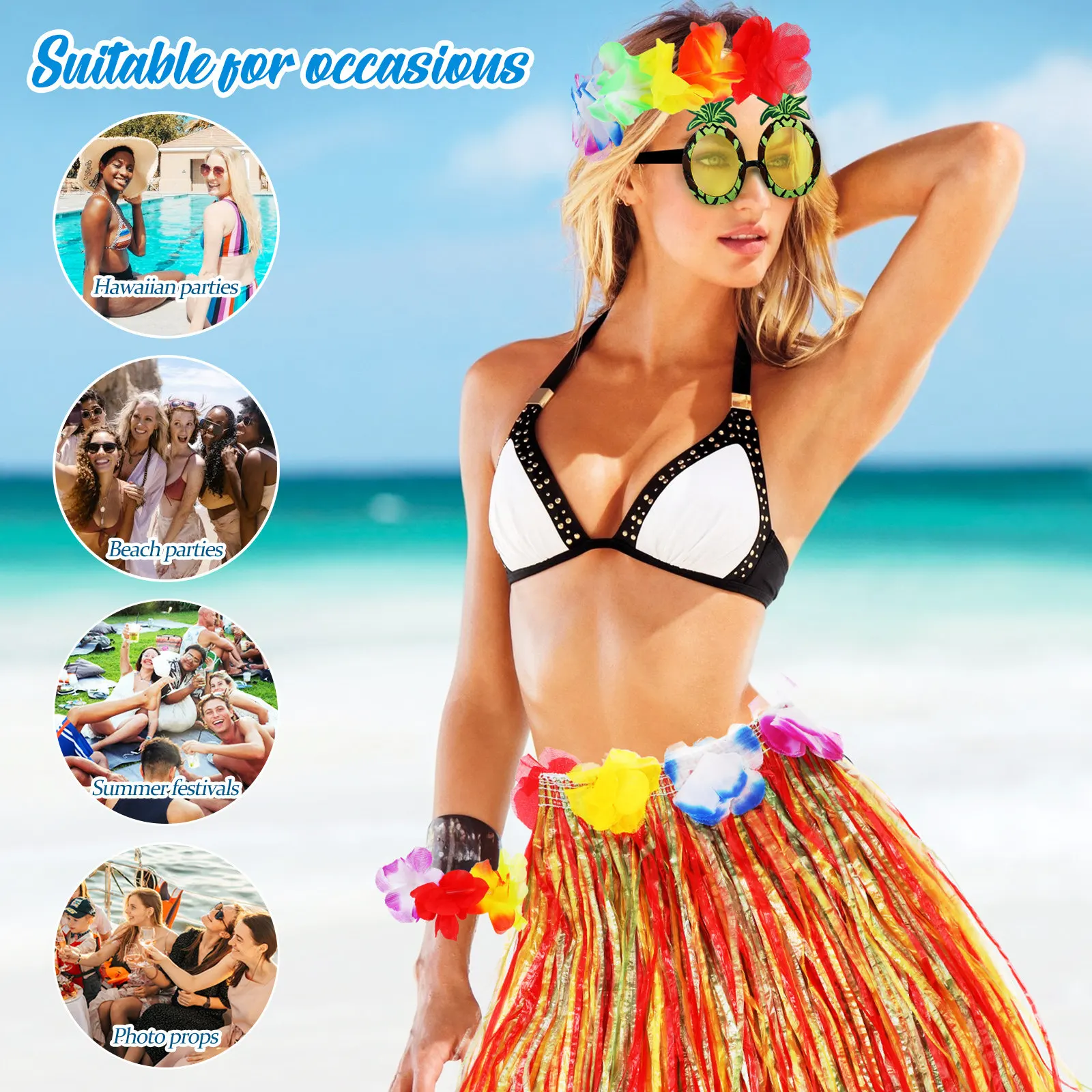 

Комплект: Гавайская юбка из травы, легкая многослойная юбка для хулы, цветочный ожерелье, солнцезащитные очки, декор для костюма на вечеринку Луау