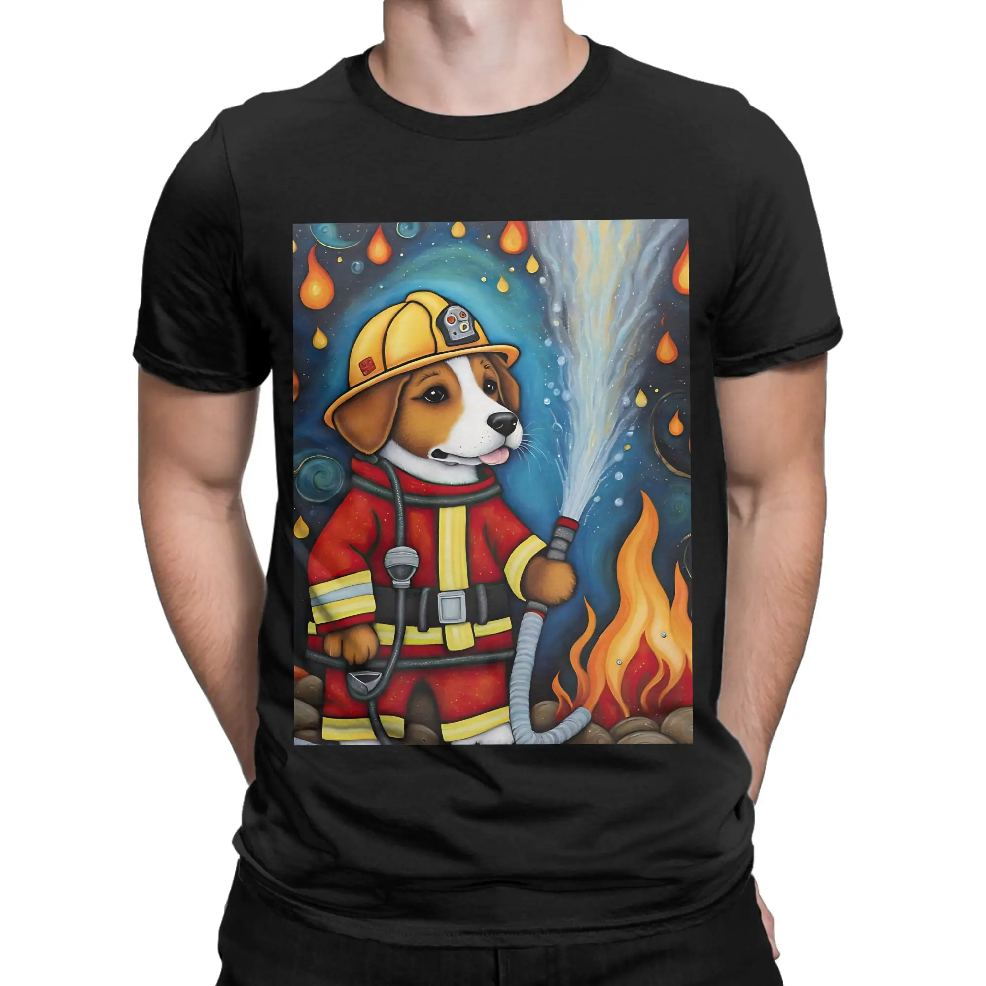 Puppy as fireman holding a hosepipe directing water to a fire Novelty 100% Cotton T-Shirt Sparky the Fire Dog Tops Tees For Men