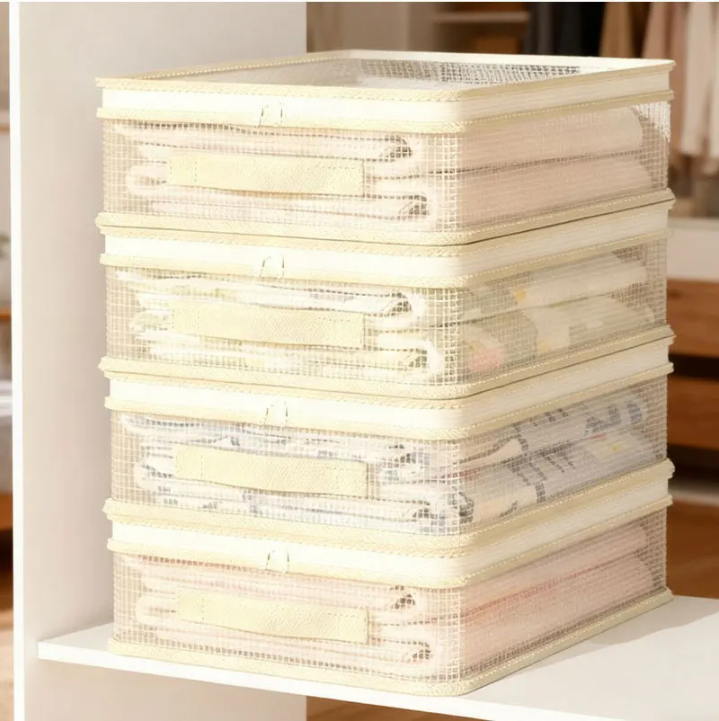 Transparent Grid Clothes Storage Bag Foldable Wardrobe Divider Organizer for Seasonal Garments Quilt Down Comforter Bedding