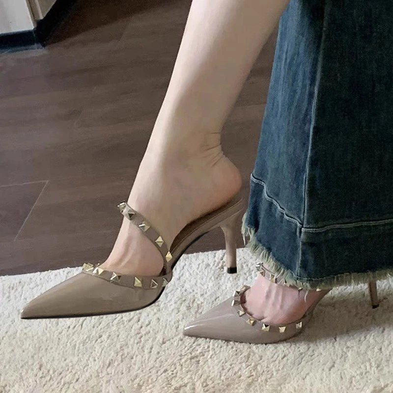 Nude High Heels for Women 2026 Autumn New Studded Pointed Toe Single Strap Slippers, Outdoor Half-Slippers for Women image 2