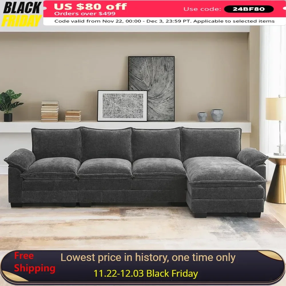 

118" Living Room Sofas with Chaise & Deep Seat & Super Soft, Modern L-Shaped 5-Seat Sectional Sofa, Convertible Sofas