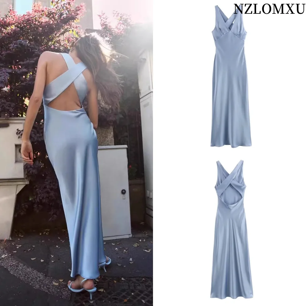 

Women Fashion Summer New V-Neck Side Zip Sleeveless Back Cross Sexy Vest Dress Chic Female Evening Vestidos De Mujer