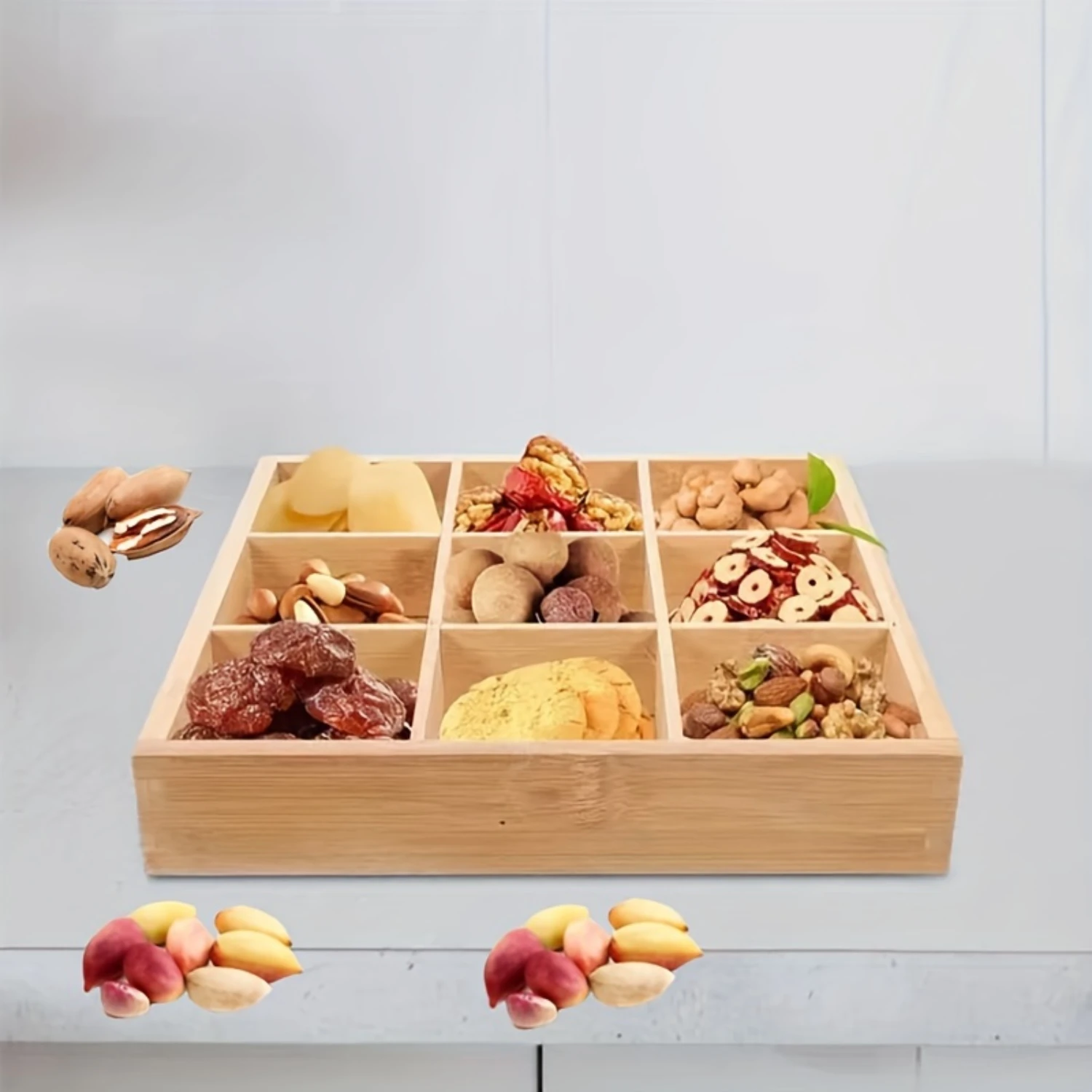 Bamboo Box with Nine Compartments for Fruit Snacks, Nuts, Candy, Drawer, Hot Pot, Seasoning - Kitchen Accessories