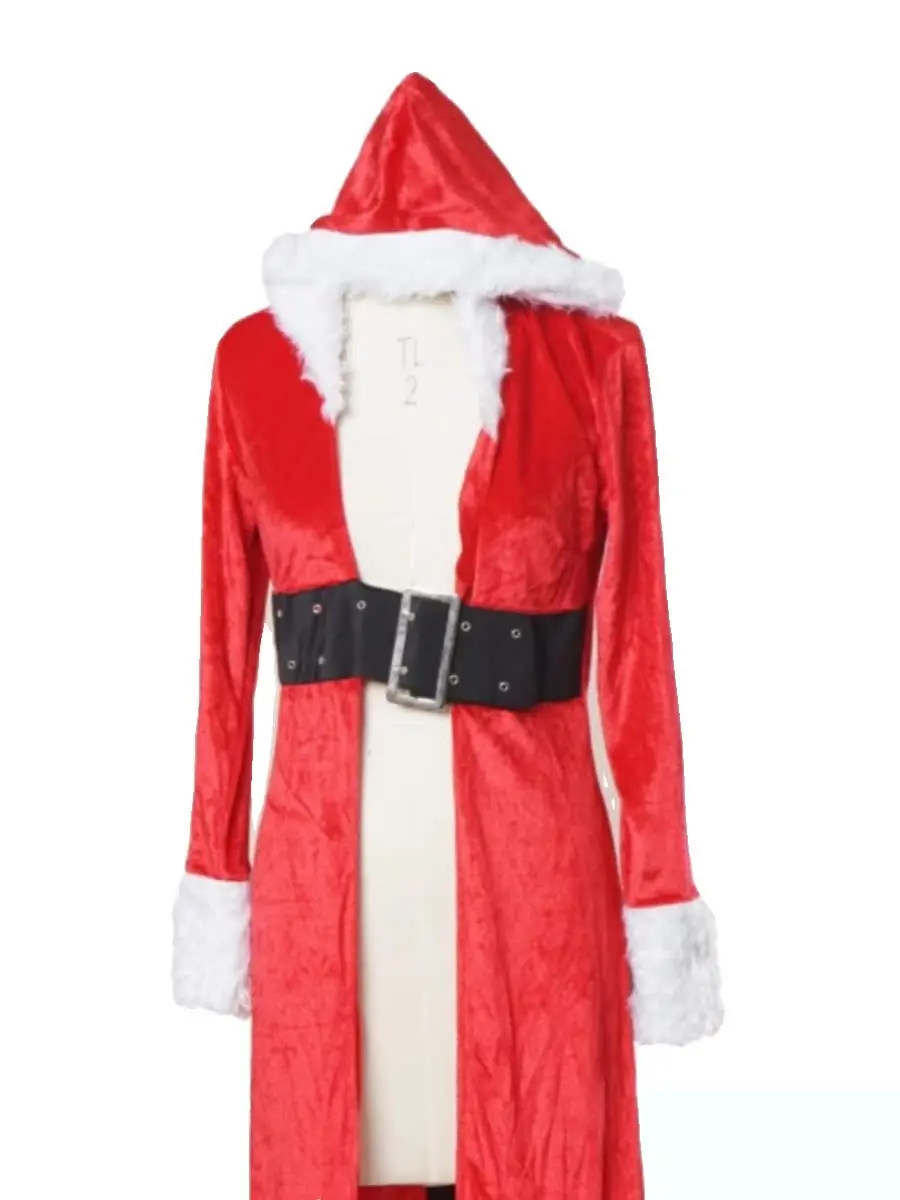 عباءة طويلة من المخمل بغطاء للرأس للهالوين باللون الأحمر S Claus مع حزام Bla ملابس نسائية لمرحلة Faion العرقية #4