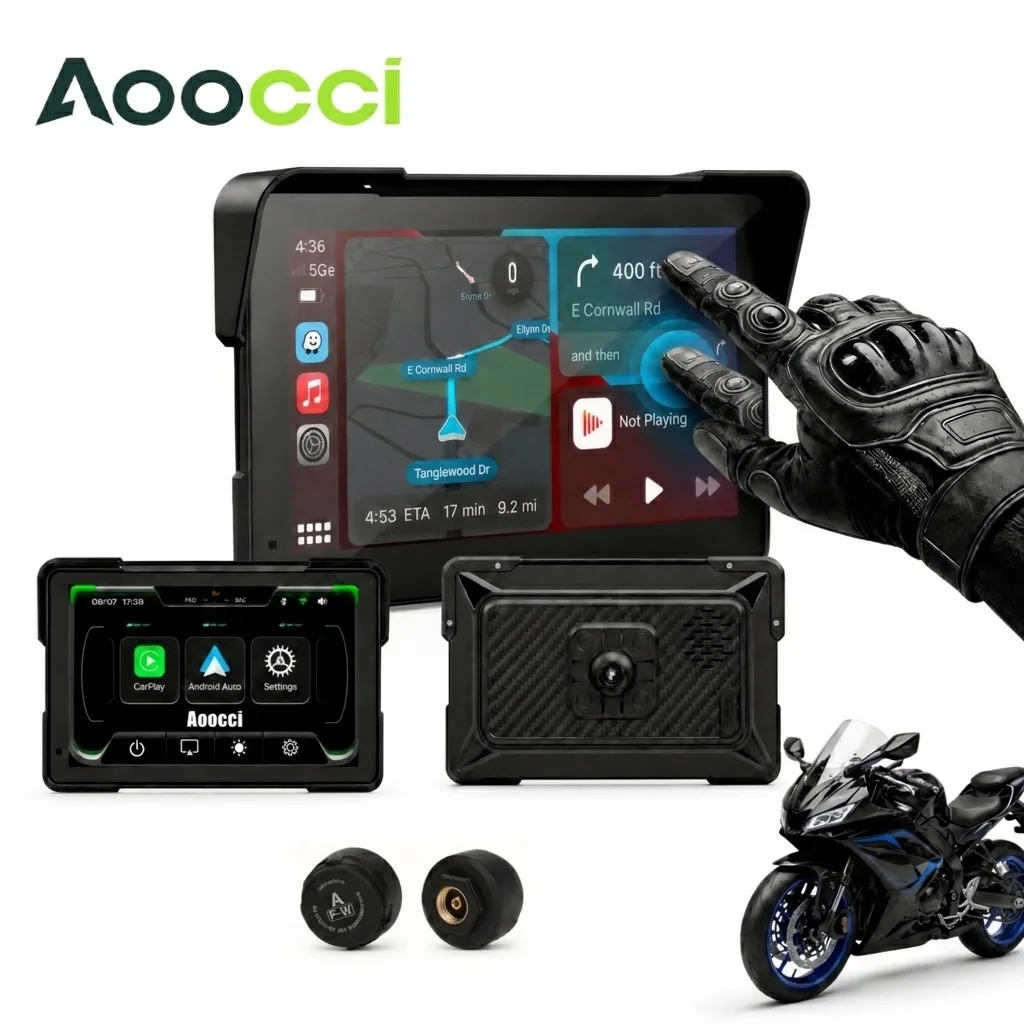 Aoocci 7 Motorrad-Carplay, GPS-Navigation mit Apple CarPlay & Android Auto, 7-Zoll-HD-Touchscreen für Motorräder, TPMS
