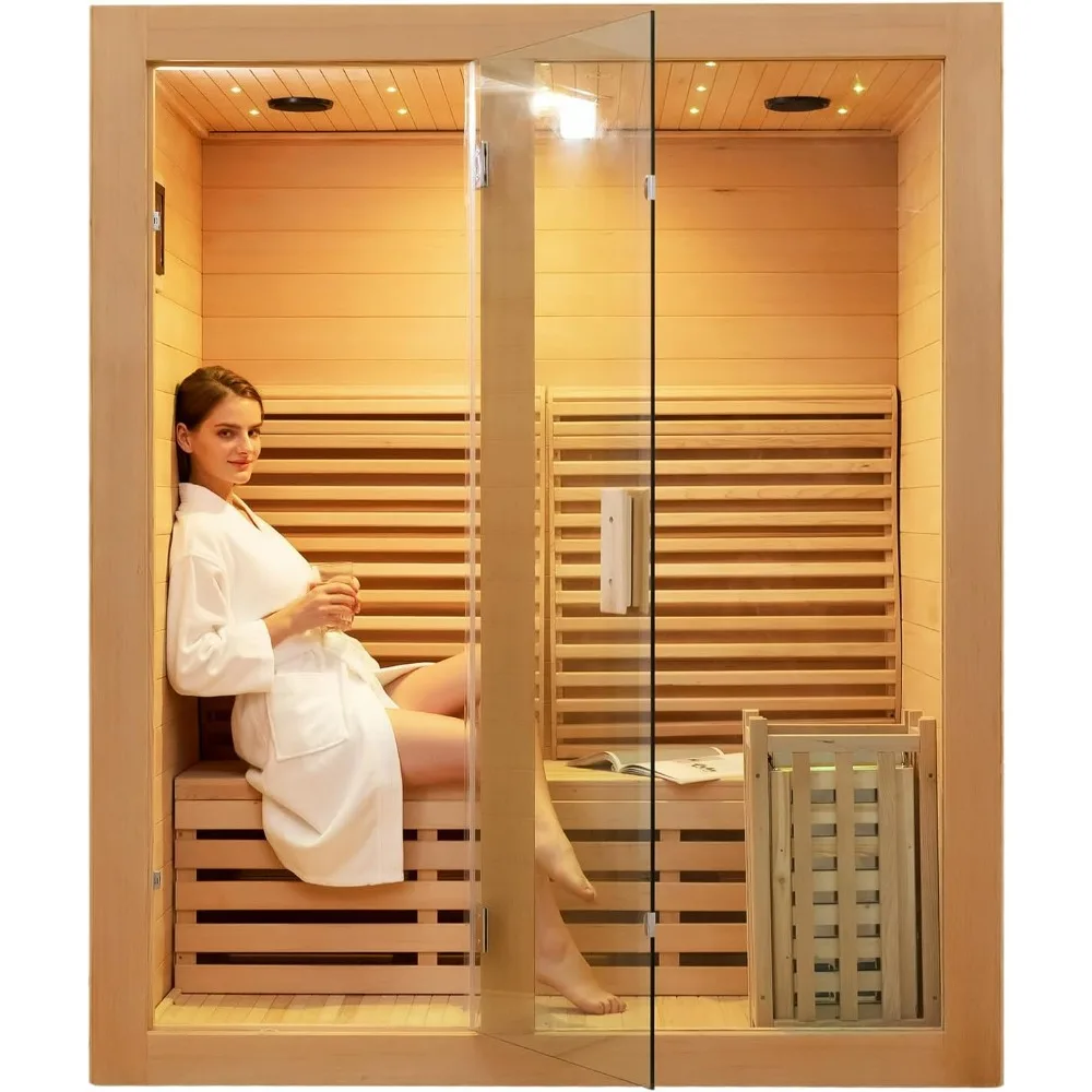 

Wooden Steam Sauna Room, 2 Person Canadian Hemlock Luxurious Indoor Sauna with 3 KW Harvia Stove Heater, Bluetooth Speaker