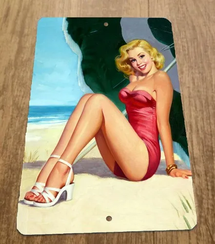Beach Blonde Pinup Girl Artwork Metallwand-Vintage-Poster-Schild