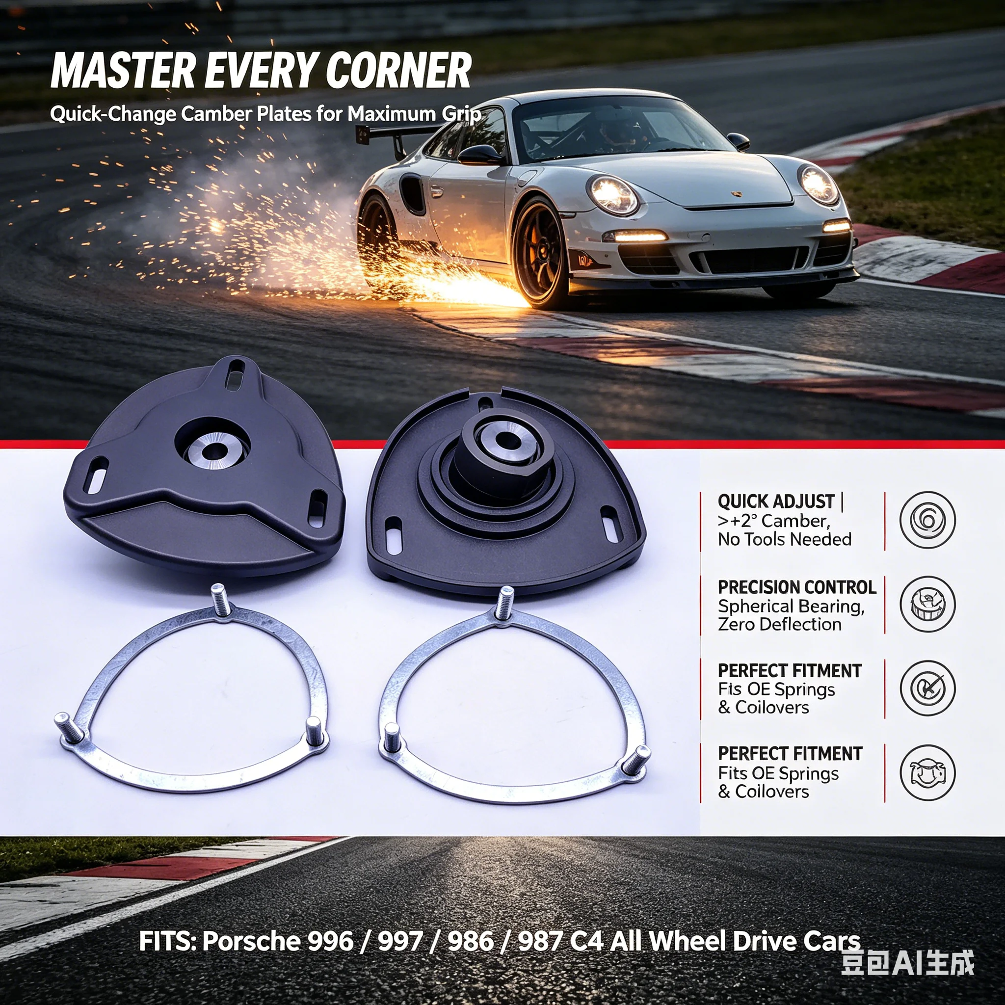 For Porsche 996 / 997 / 986 / 987 C4 All Wheel Drive Cars Camber Plates Spherical Bearings for +2° Camber & Max Grip