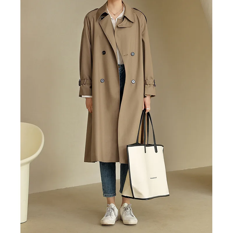 معطف نسائي متوسط الطول على الطراز البريطاني فضفاض ومستقيم ومزاج شعبي معطف خصر آلهة