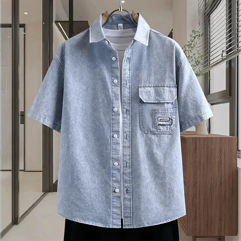 Men's Thin Denim Shirt New Summer Fashion Breathable Cotton Blend Casual Short Sleeve Shirt Solid Color Daily Commute Streetwear