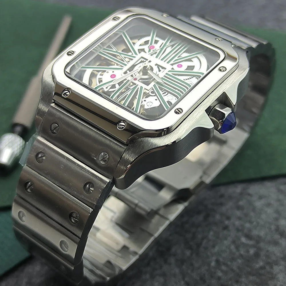 NEW 38MM Men's Watch Modified Santos Watch Square Watch NH70 Movement Skeleton Dial