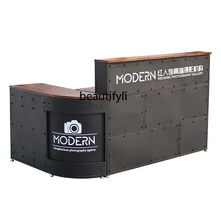 

Corner Cashier Industrial Iron Front Desk Retro Restaurant Arc Front Desk Milk Tea Cabinet