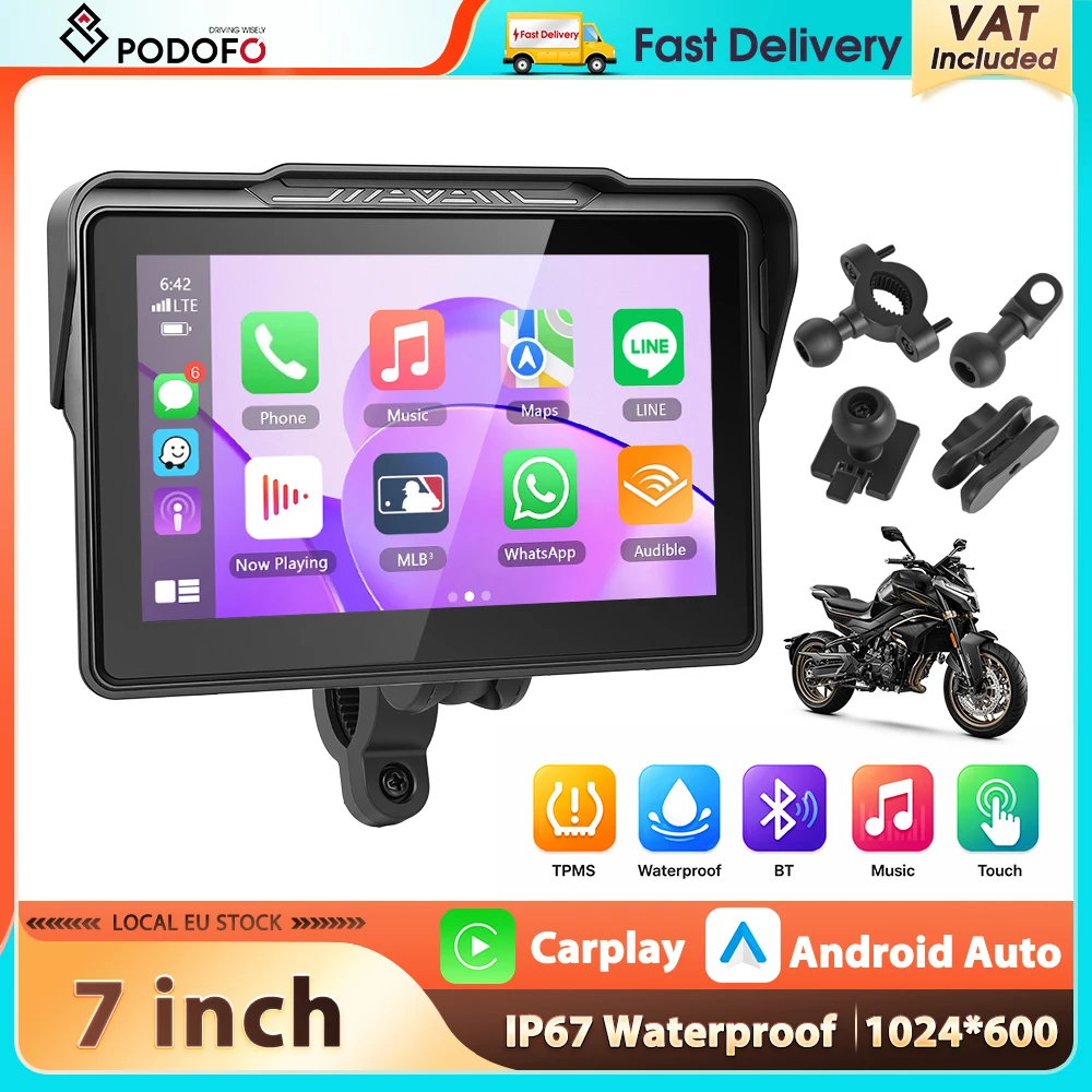 Podofo 7'' Przenośny Smart Player z Ekranem Dotykowym, Android Auto, Carplay, Monitor Motocyklowy, Monitorowanie Ciśnienia w Oponach, Automatyczna Regulacja Jasności, Ustawianie Godziny, Wodoodporność