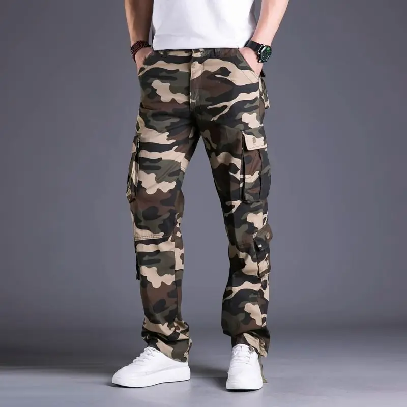 Caminhadas calças multi bolso homem camuflagem ao ar livre ampla estética náilon moda luxo novo em casual rua calças de carga para homem