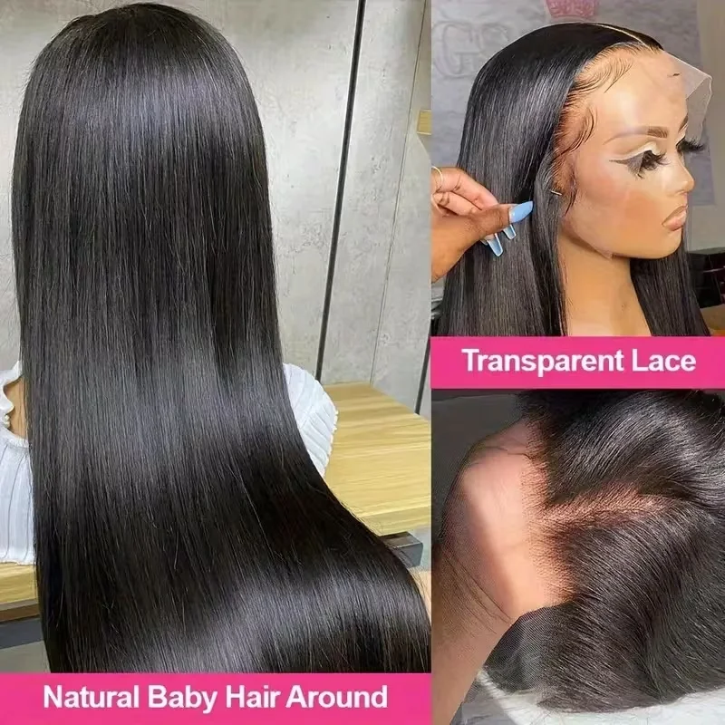 Straight HD Transparent Lace Front Wigs Human Hair 13x4 for Black Women Glueless Brazilian Virgin Frontal Hairline 200% Density Pre Plucked with Baby Hair Black 24 Inches