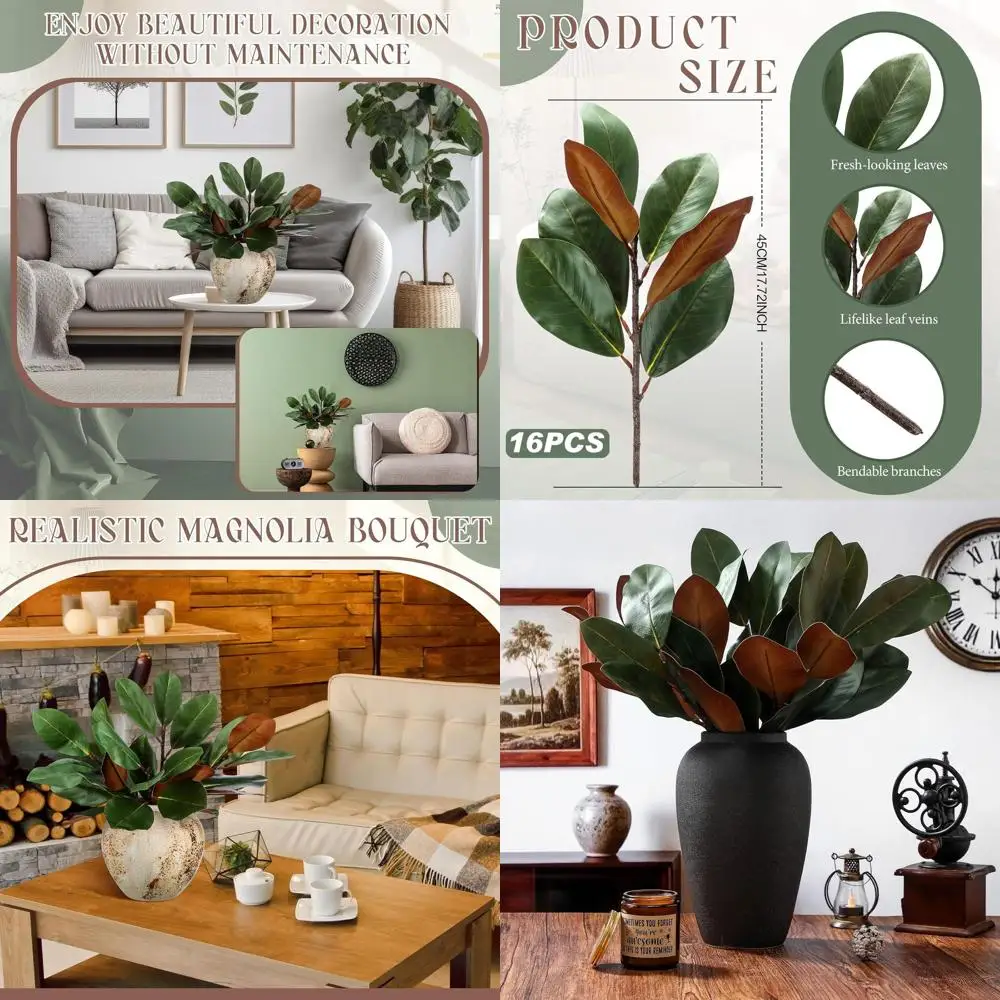 

Set of 16 Artificial Magnolia Leaf Branches, 17.72 Tall, for Indoor or Outdoor Decor, Suitable for Vase Fills and Table Accents