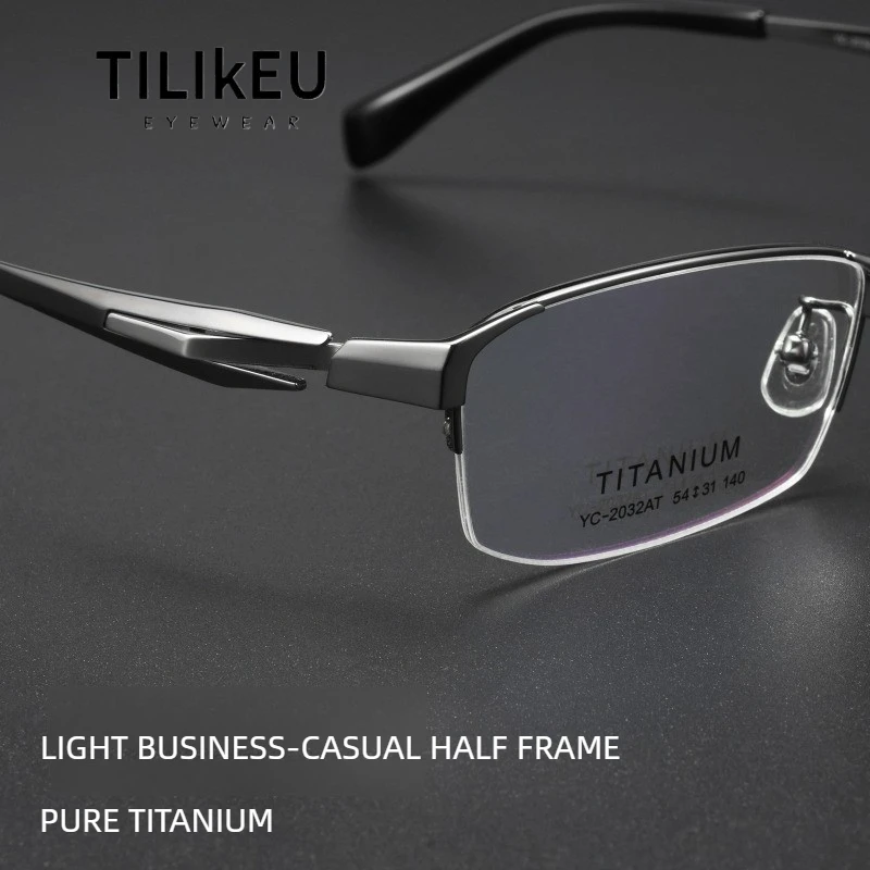 

New High Tech Business Semi-Rimless Pure Titanium Eyeglasses Frame Men Classic Small Face Designer Premium Luxury Eyewear 2032AT