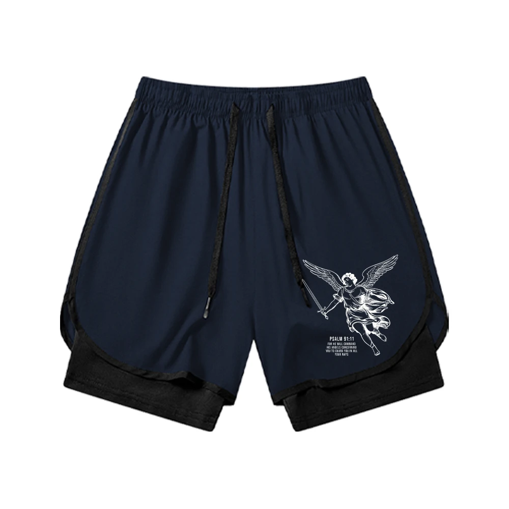 Angel Print Two-In-One Double-Layer Shorts With Cell Phone Pocket Men's Sports Fitness Shorts Summer Loose Breathable Shorts