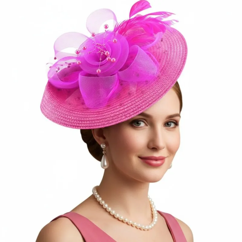 

Элегантный оптовый головной убор из сетки с цветами, соломкой и перьями для Дерби, чаепитий, свадеб и мероприятий