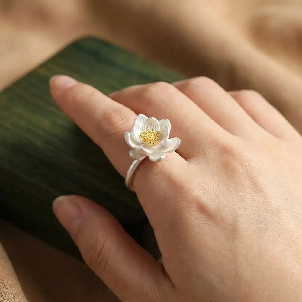 New Chinese Style Adjustable Lotus Flower Ring Open Size Exquisite Ancient Style Ring High Quality Silver Blessing Ring Party