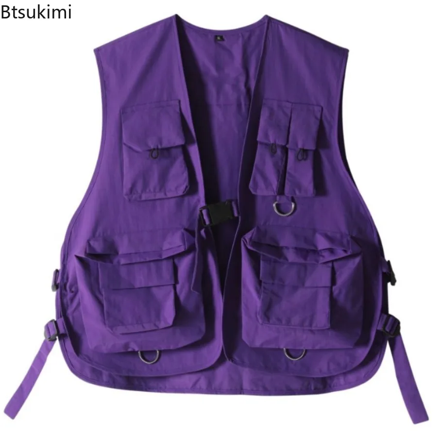 Multi Pockets Cargo Vests Men's Solid Casual Hip Hop Style Sleeveless Vest Jackets Men Women Loose All-match Outdoor Work Tops