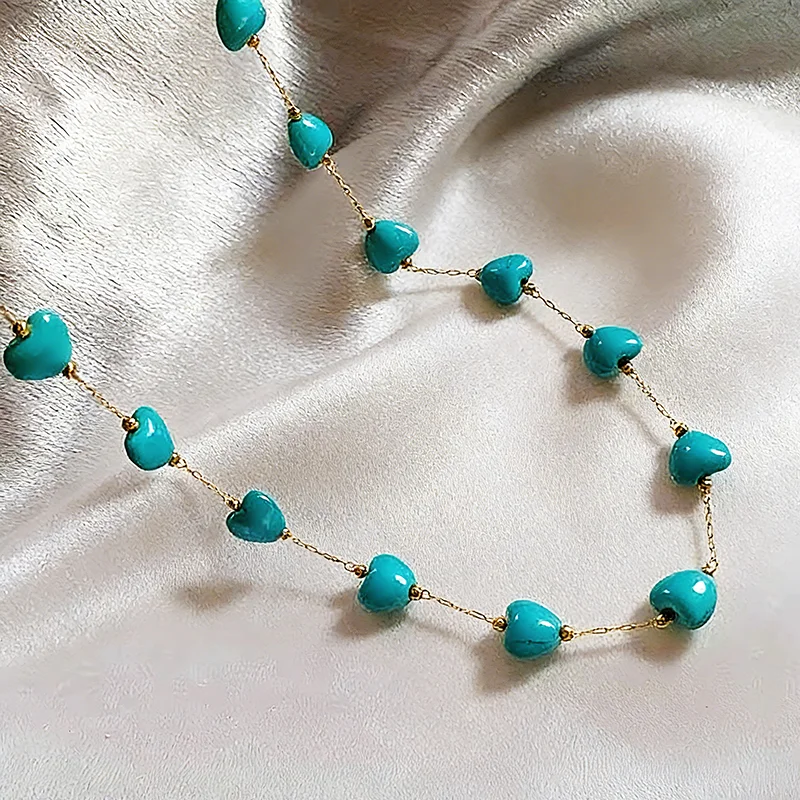 Retro Türkis Herzförmige Edelstahl-Halskette in Goldfarbe für Damen, Sexy Choker Schlüsselbein-Kette Schmuck-Accessoire – Detail 9