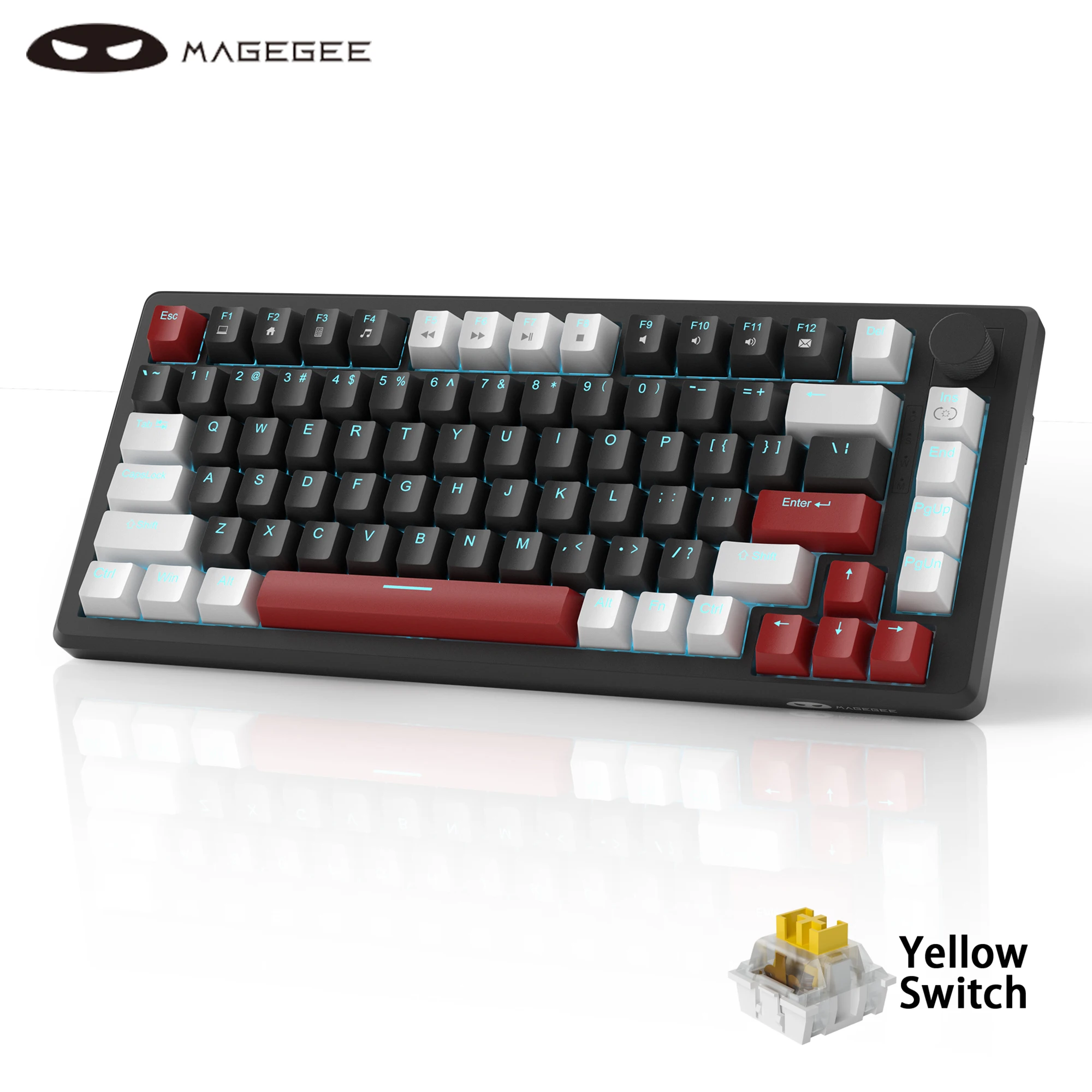 MageGee 75% mechanisch gamingtoetsenbord met knopbediening, blauw verlicht bedraad gamingtoetsenbord rood/gele schakelaar voor pc Windows