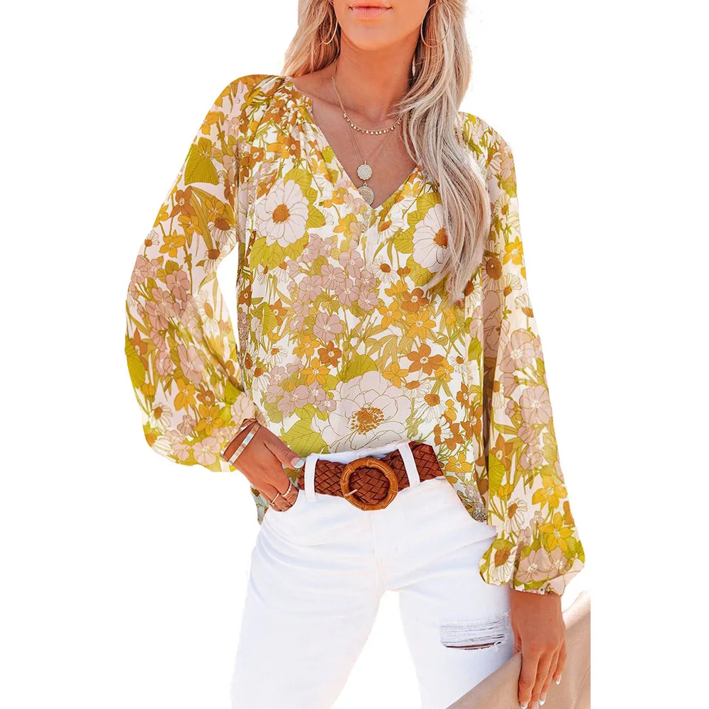 

Women's European American Sle New Floral Chiffon irt Street Sle V-ne Long Sve Slim Fit Printed irt Summer