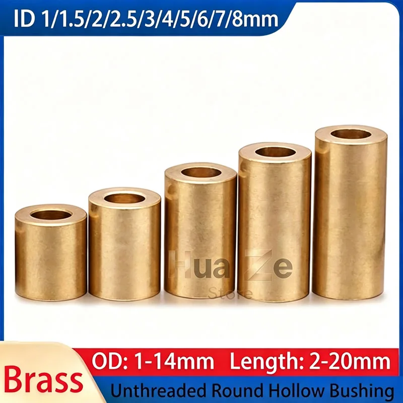 ID 3/4/5/6/7/8mm Brass Round Hollow Bushing Copper Unthreaded Standoff Spacer Washer Gasket Sleeve OD 5-14mm Length 2-20mm