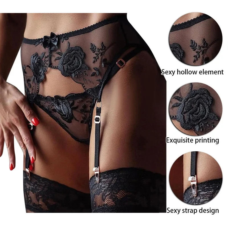 Porte-jarretelles en dentelle pour femmes, sous-vêtements transparents, ceinture réglable à double boutonnage pour bas, lingerie sexy, grande taille