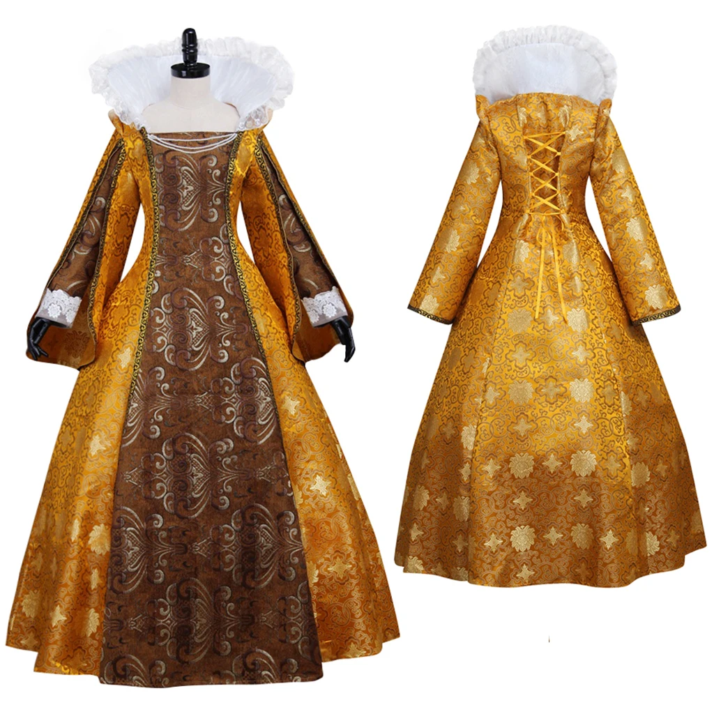 Abito per adulti Cosplay Vintage dorato medievale rinascimentale Tudor Regina Elisabetta Abito da ballo Costume Cosplay su misura