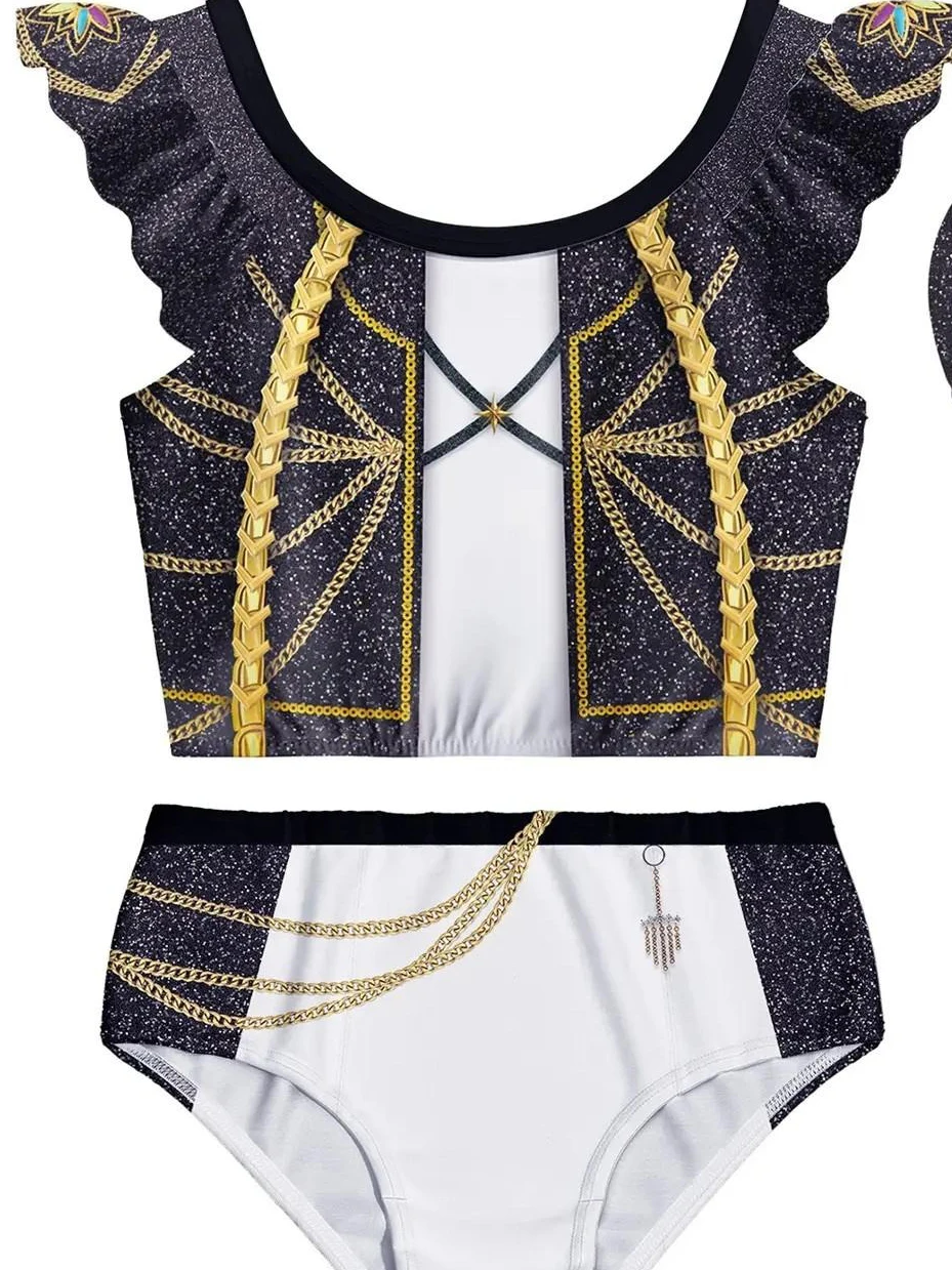 Glam Rock Girls 3 Pcs Swimsuit Set Black Gold Chain Print Ruffle Top & Contrast Color Bottoms with Swim Cap Kids Concert Costume image 5