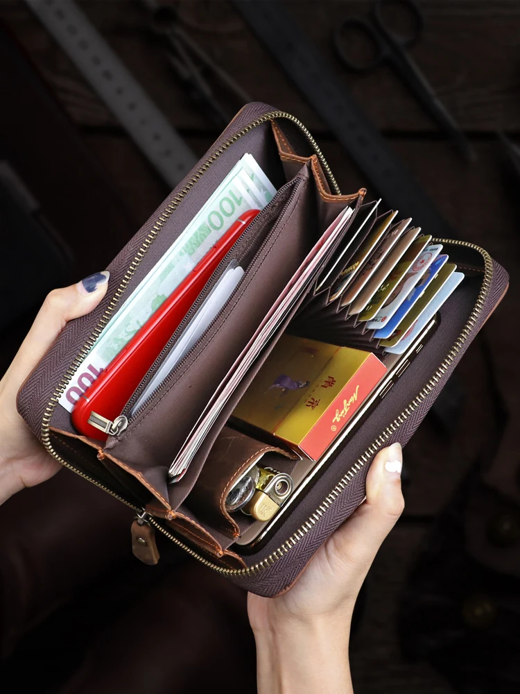 handmade-vintage-top-layer-crazy-leather-wallet-large-capacity-men's-clutch-bag-zipper-mobile-phone-storage-bag-trendy