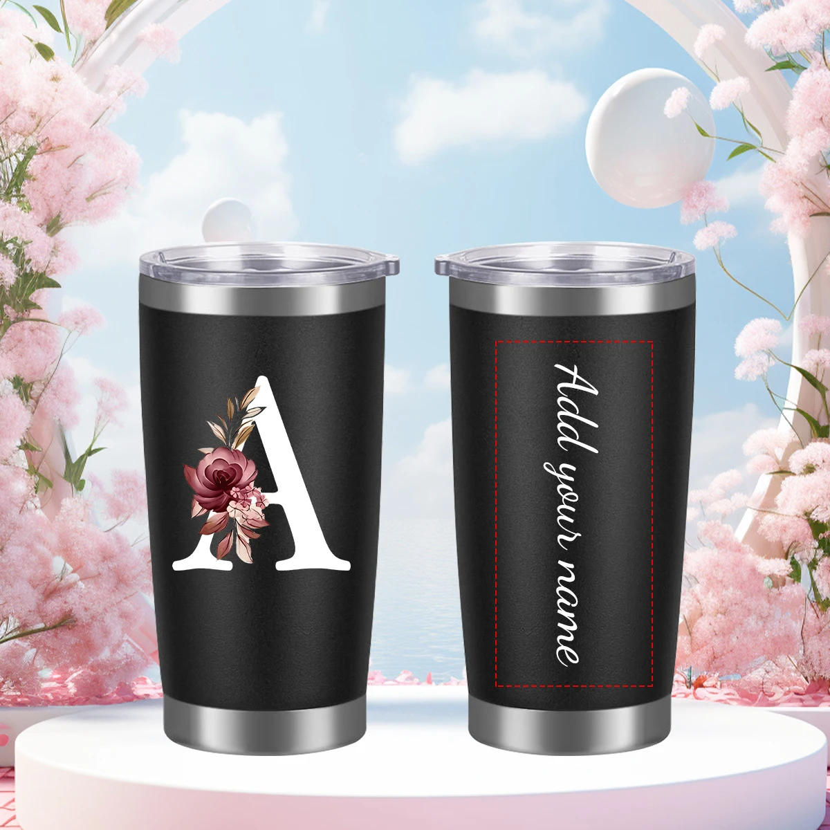 

16oz Stainless Steel Customized Name Party Tumblers Hot Cold Insulated Mugs 3D Print Rose Letter Outdoor Travel Mugs Anniversary