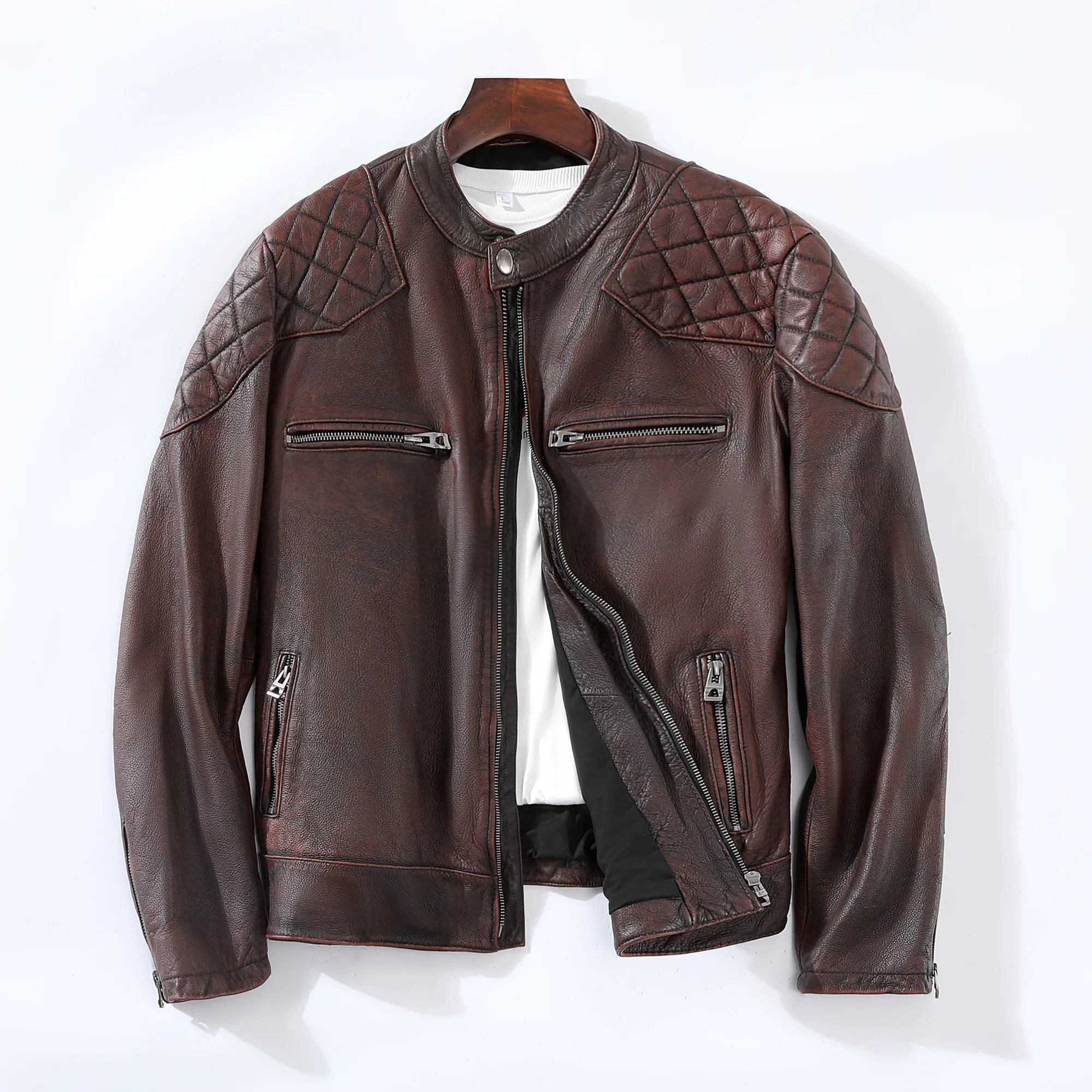 

Fall Faion Genuine Leather Motorcycle Jaet ort Sle Beham Collar Men's Coat Distred Treaent Urban Sle Slim Fit