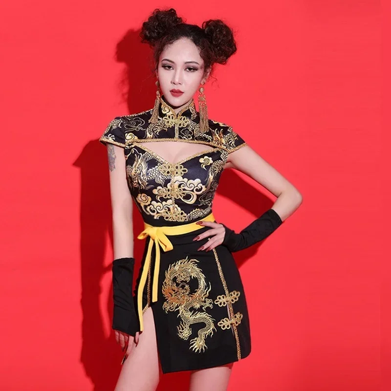 Tenue de festival à col mandarin pour femme, Cheongsam asiatique imbibé de Tang, vêtements de style chinois sexy, tenues de scène, ensemble de 2 pièces