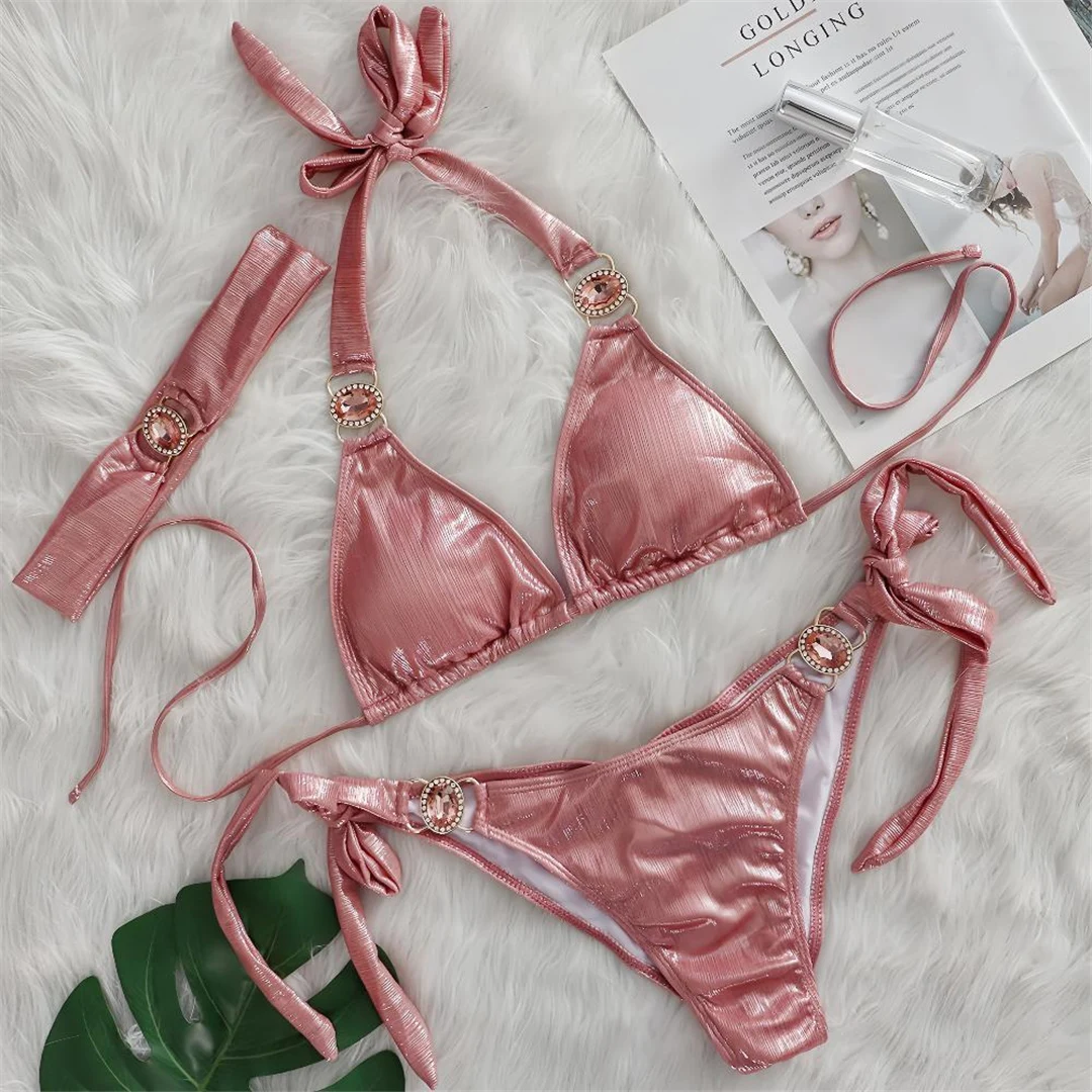 Mit Stirnband, Halterneck, Scrunch-Butt-Bikini, Damen-Badeanzug, dreiteiliges Bikini-Set, Damen-Bademode, Badeanzug, Schwimmanzug V6188 – Detail 12