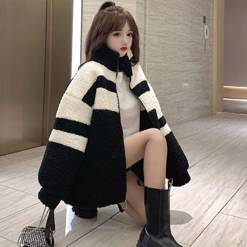 Panelled Patchwork Jackets Women Chic Fleece Zipper Turtleneck Velvet All-match Thick Warm Streetwear Ulzzang Female Casual Lady