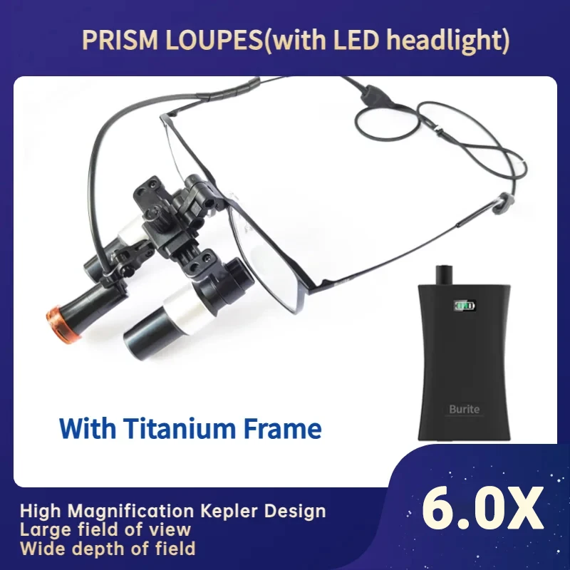 Burite Prism Medical Surgical Dental 6.0X Kepler Binocular Magnifier 6X Loupes ENT Dental Ophthalmolog Titanium Frame（FDJ-6X)