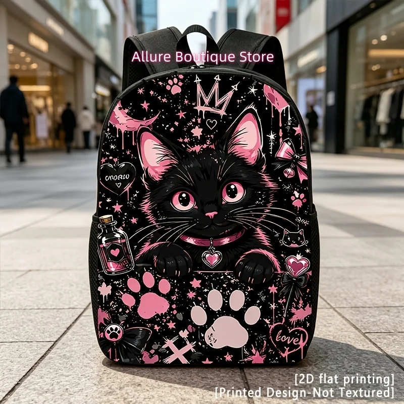 Printed Design - Not Textured 2D Flat Printing Black Pink Cat, Casual Backpack, Travel Laptop Backpack, 2D Flat Printing, Rucksa
